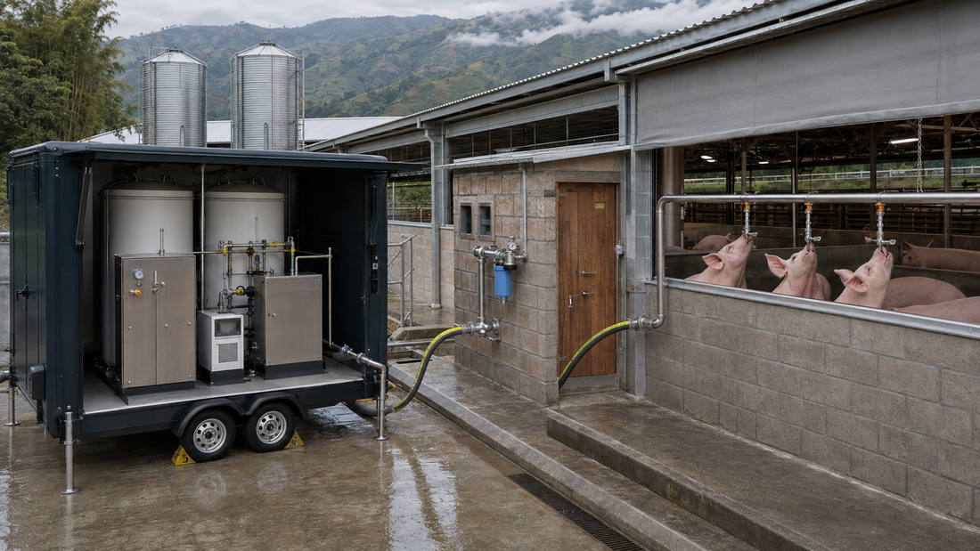 Unidad DAKA junto a la nave porcina, con cerdos bebiendo / DAKA unit beside the swine barn, with pigs at the waterers