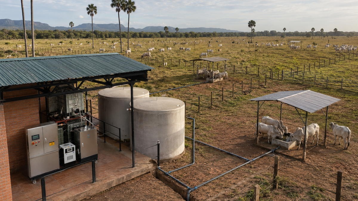 Vista aérea de una operación ganadera con la unidad DAKA y sus tanques / Aerial view of a cattle operation with the DAKA unit and its tanks